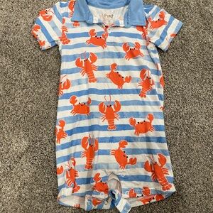 Blue & White Striped Romper with Red Crab Print